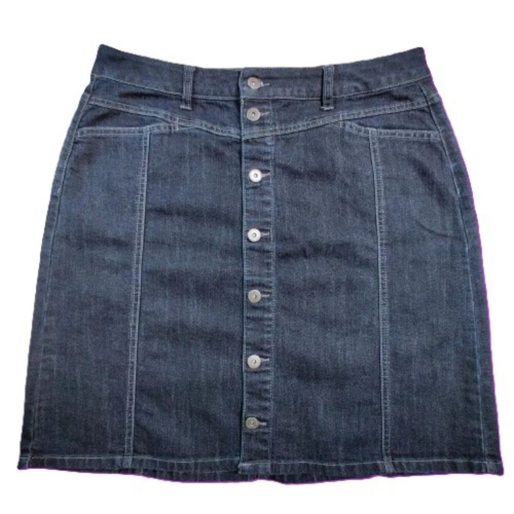 Style & Co Denim Skirt Women’s 10 Dark Wash Button Front Stretch Midi